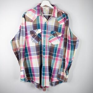 Saddlebrook Western Wear Men's XL‎ shirt, plaid pink brown, pearl snaps Vintage